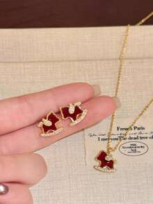 Vintage Rocking Horse Pendant Necklace Set, Minimalist Elegant Rocking Horse Earrings & Necklace, Birthday Gift For Her In Year Of The Horse