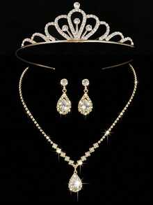 4pcs Girls Princess Necklace Set, Crown Necklace Set, Crystal Tiara Headpiece, Luxury Crown Necklace Gift Box, Suitable For Parties, Weddings, Festivals - Silver - View 4