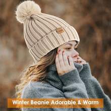 REDESS Womens Winter Knitted Beanie Hat Warm Fleece Lined With Pompom Cap Thick Slouchy Snow Knit Skull Ski Cap - Màu be - Xem 7