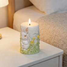 1个复活节兔子圆柱蜡烛硅胶模具 - 花卉浮雕圆柱体，DIY石膏装饰，树脂工艺品，适合复活节派对装饰和创意礼物 - 白色 - 查看 3