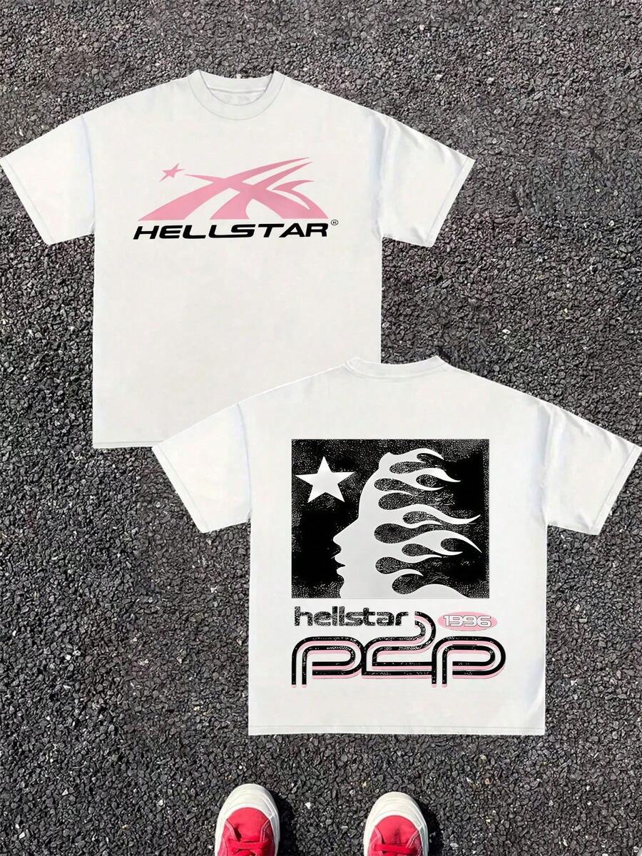 1pcs Men's 100% Cotton Retro Flame And Star Print T Shirt Casual Double Sided Graphic Men Clothes, Vintage Silhouette Digital Printed T Shirt Gifts For Men - White - View 1