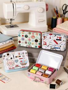1pc Double-Layer Metal Tin Storage Box With Clasp - Multi-Color, Sewing Tool Organizer For Arts & Crafts, Practical Hanging Hook - Multicolor - View 12