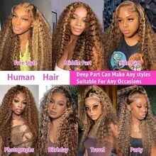 Uveous Ombre Highlight Jerry Curly Lace Front Wigs Human Hair 4/27 Colored Pre Plucked 13x4 HD Transparent Lace Frontal Wigs Honey Blonde Curly Wig For Women 250% Density Human Hair Wig With Baby Hair - P4/27 - 查看 10