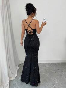 Vestido de fiesta de sirena con tirantes finos, largo y drapeado, sexy, sin espalda, para mujer - Negro - Ver 2