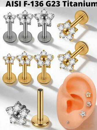 1 pieza Joya de perforación de labio, cartílago de oreja o nariz con flor de titanio y circonita cúbica, rosca interna, flor pequeña/grande, para perforación de labio, trago, cartílago de oreja o nariz