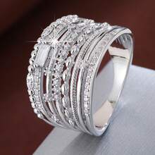 1pc Minimalist Geometric Parallel Lines Wide Band Design Cubic Zirconia Inlaid Fashion Ring For Women - Multicolor - View 8