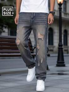 263 American Retro Large Size Men's Jeans, Classic Five-Pocket Style, High Street Washed Vintage Ripped Design, Mid-Waist Stretch Straight Pants, Slimming And Tallening Effect, Elastic Fabric Soft And Comfortable, Machine Washable, Suitable For All Seasons, Built-In YKK Zipper Closure, Fashionable And Cool Must-Have Plus Size Men's Jeans - Màu xanh biển - Xem 9
