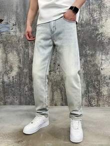 258 Fashion Plus Size Men's Jeans, Three-Dimensional Cut Minimalist Style, Vintage Washed Light Blue, Classic Fashion Casual Matching, High Waist Elastic Slim Fit, Elastic Denim Fabric Breathable And Soft, Machine Washable, Built-In YKK Zipper Closure, American Retro Minimalist Plus Size Men's Jeans - 海藍色 - 查看 2