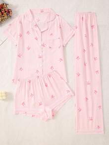 3pcs Women Bubble Crinkle Striped Bow Print Open Front Pajama Set - Baby Pink - View 1