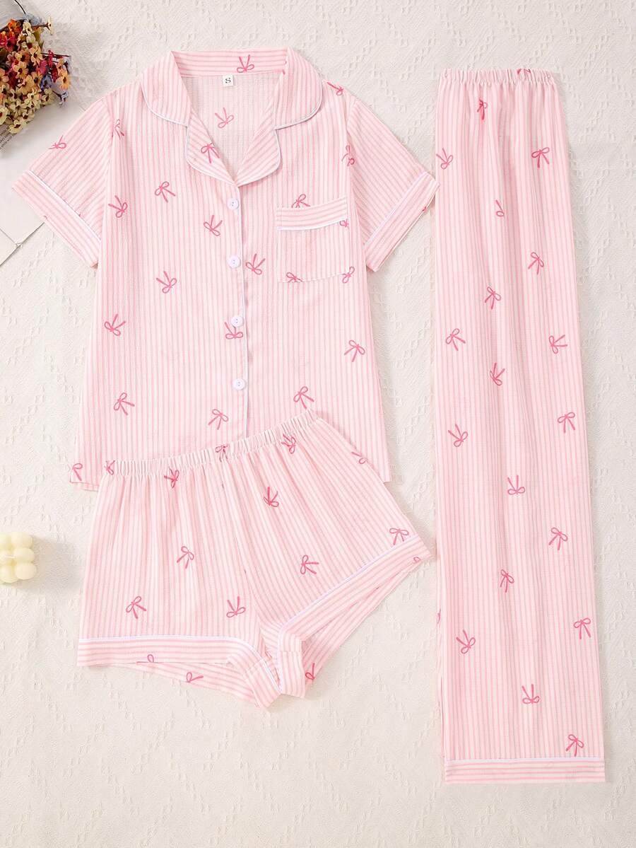 3pcs Women Bubble Crinkle Striped Bow Print Open Front Pajama Set - Baby Pink - View 1
