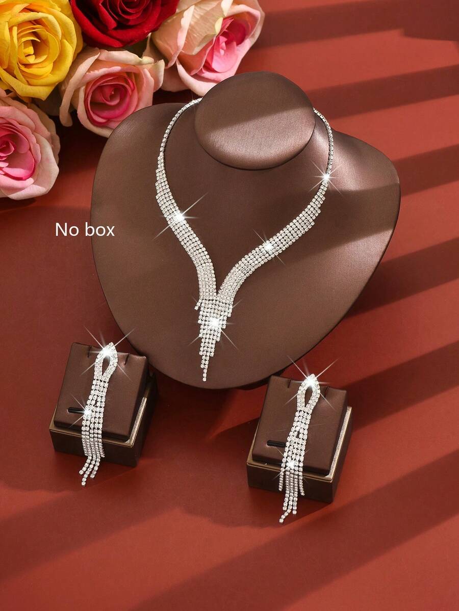 1 Set de joyería dorada con cristales completos para mujer, collar en forma de V brillante + aretes con flecos, material de cristal/cobre, adecuado para ocasiones formales, regalo para el Día de San Valentín/Día de la Madre - Multicolor - Ver 1