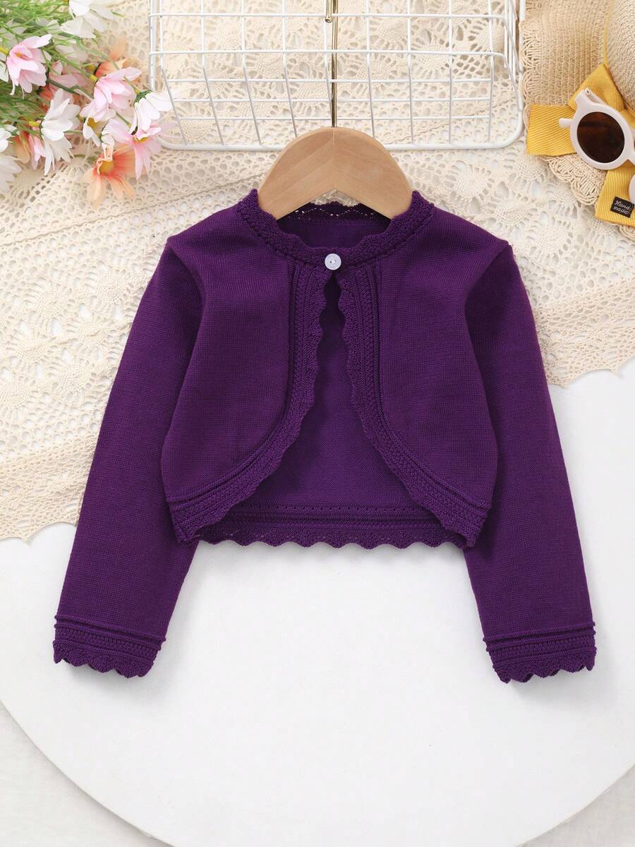 Young Girl Casual Elegant Hollow-Out Knitted Single-Breasted Cardigan, Autumn/Winter - 紫色 - 查看 1