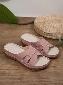 宽楦加大码 36-43 夏季新款时尚休闲粉色绒面厚底凉鞋，轻便舒适百搭女士坡跟凉鞋 - 粉紅色磨砂 - 查看 6