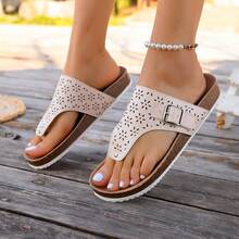 2022新款镂空花卉图案PU防滑足弓支撑女士沙滩人字拖 - 白色 - 查看 2