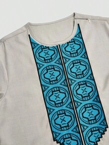 2pcs/Set Men's Gray Dashiki Elegant & Stylish Outfit, Contrast Navy Blue Embroidery, Long Sleeve Round Neck Shirt With Pockets, Elastic Waist Pants, African Clothing, Men's Casual Shirt And Pants Set, Suitable For Parties, Dates, Weddings, Daily Wear, Cultural Events, Traditional Ceremonies & Celebrations - Light Grey - View 5