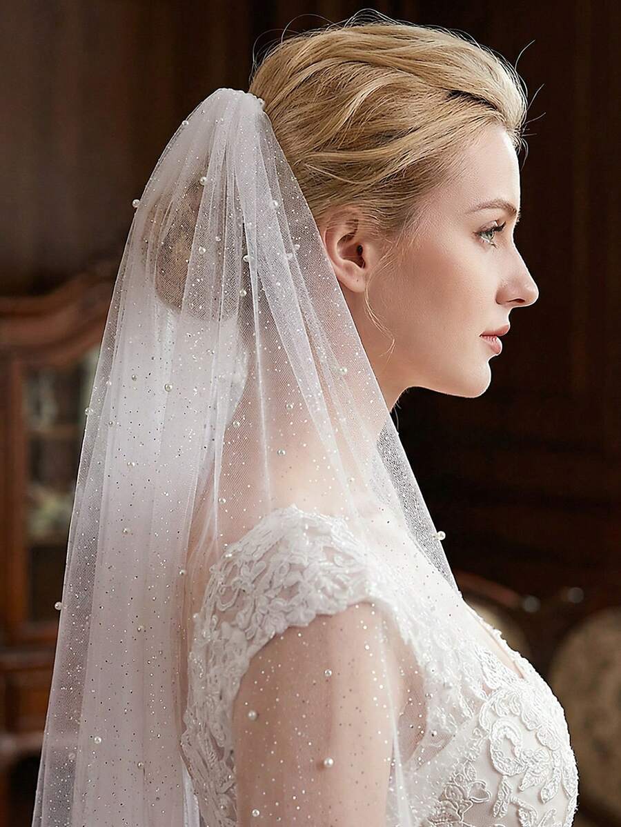 1 pièce Voile de mariée en tulle scintillant et étoilé avec perles, voile de mariage à couche unique de longueur mi-doigt, accessoire de cheveux de mariage de longueur de chapelle