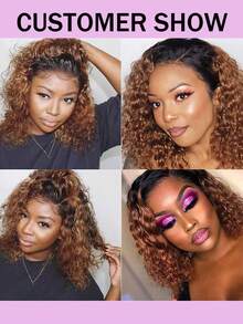 T1B/30 渐变蓬松卷曲波波头假发，真人发，深色发根，150% 密度，大蕾丝闭合假发，13x4 蕾丝前假发，女士真人发假发 - S1/30 - 查看 5