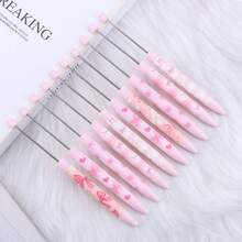 5/10pcs Cute Pink Bow DIY Long Beaded Pen Focal Point, Various Adorable Pink Beaded Silicone Barrel Plastic Pens, Valentine's Day Gift Souvenir Making - Pink - View 2