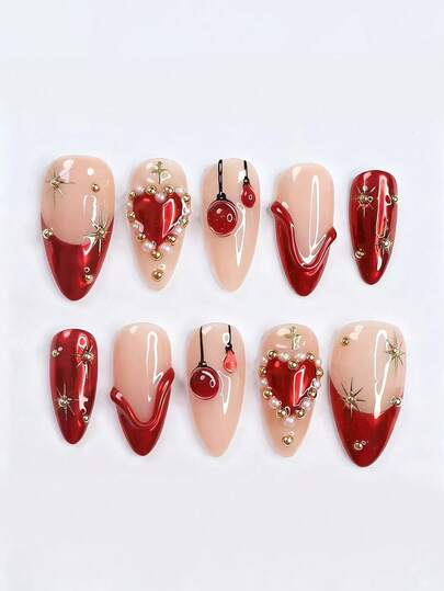 10pcs Y2K Cute Almond-Shaped Short 3D Resin Pearl Heart Gold Star Red French Manicure Press-On Nails, Handmade Nail Art Decals Suitable For Daily, Dates, Afternoon Tea, Outings Nail Supplies