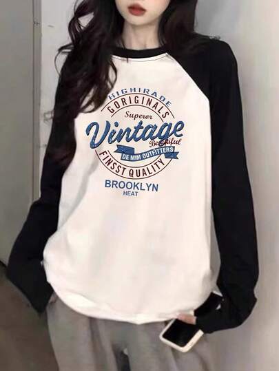 Women's Contrast Color Raglan Sleeve Simple Letter Double-Sided Print All-Match Layering Loose Casual Everyday Commute Ribbed Crew Neck Long Sleeve T-Shirt Spring