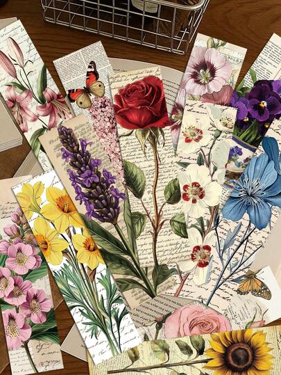 30张复古花卉书签 浪漫艺术图案纸质书签 个性化可爱趣味阅读标记 装饰书签 - 办公用品 趣味礼物