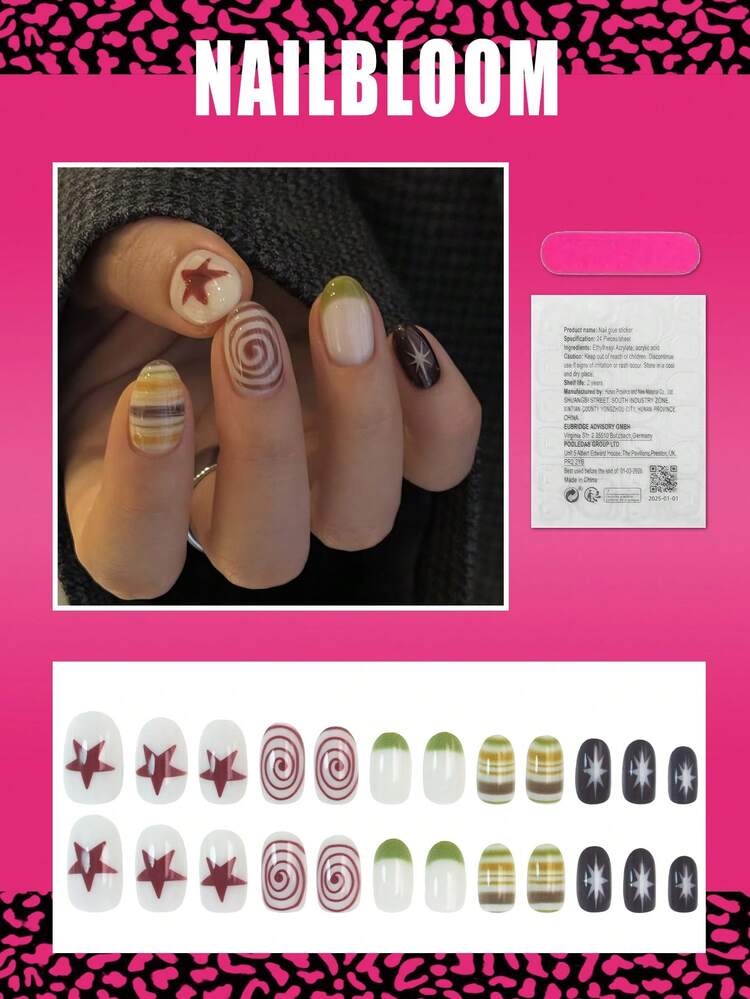 24個 ショート オーバル フェスティバル プレスオンネイル、レトロ調 ブラウン スパイラル パターン ストライプ スター グリーンフレンチチップ ヌードカラー ショート ネイル フルカバー グロスフォルスネイルセット、ジェリーのり1個とネイルファイル1個付属、デイリー使いの簡単装着フェイクネイルとフレンチチップネイルアート、女性と女の子の日常ネイルサプライ - マルチカラー - 見る 2