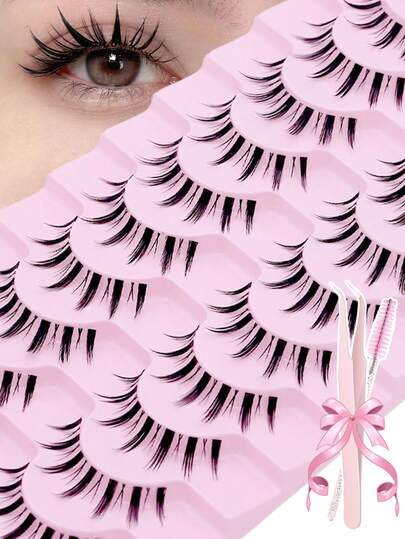 10 Pairs Cartoon Style 3D Faux Mink Eyelashes Set, Includes Eyelash Brush And Applicator, Soft Curly Design For Natural And Dramatic Eye Makeup Effect, Lightweight And Reusable, Cruelty-Free, Ideal For Daily Makeup, Cosplay, Parties, Dates, Suitable For Women And Girls Seeking Anime-Inspired Look