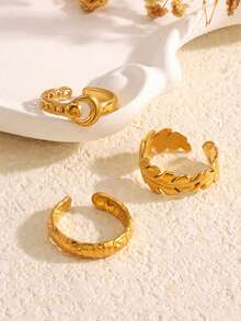 3pcs/Set Stainless Steel 18K Gold Plated Moon & Flower Rings Set, Suitable For Women Everyday Wear