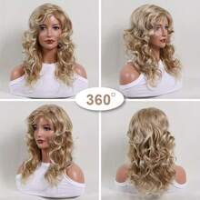 Parrucca riccioluta di media lunghezza, 20 pollici, con una miscela di colori dorati e marroni, realizzata in fibre sintetiche resistenti alle alte temperature, adatta per l'uso quotidiano e per le feste delle donne. - Dorato - Visualizzare 2