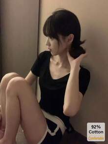 V领纯色修身短袖T恤，休闲黑色，夏季款 - 黑色 - 查看 6