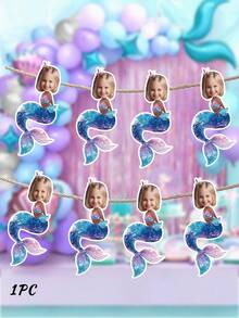 7/14/21pcs Customized Mermaid Theme Face Photo Banner, Personalized Birthday Party Backdrop Wall Hanging, Underwater Scene Happy Birthday Party Decoration, Birthday Gift - Blue - View 13