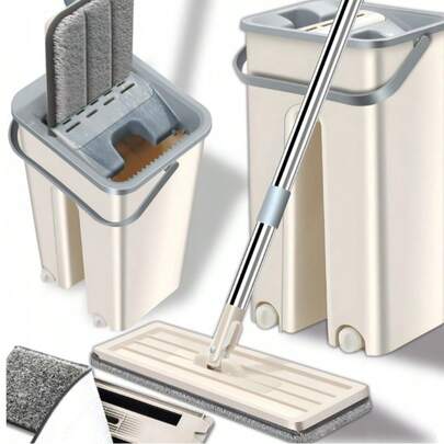 Ensemble balai plat sans lavage avec seau raclette et système d'essorage automatique ; un indispensable du nettoyage ménager pour les personnes paresseuses ; lingettes de balai remplaçables.
