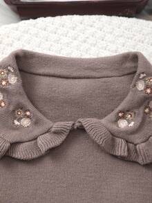 Girls' Elegant Embroidered Collar Long Sleeve Knit Sweater - Coffee Brown - View 3