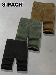 3-Pack Men's Casual Solid Color Summer Versatile Denim Shorts - Đen + Xanh lá cây + Màu kaki - Xem 2