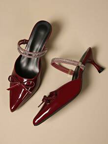 Sandalias de tacón alto de punta fina con lazo elegante de unicolor para verano, zapatos de vestir sexy para fiestas, adecuados para ir al trabajo, discoteca, boda, exterior, con correa de tobillo, tacón de gatito, burdeos, negro, blanco, rojo, tacones altos elegantes para mujeres para el 4 de julio a juego con vestidos - Burdeos - Ver 7