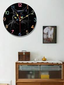 2D 平面黑色猫咪主题设计，1 件装创意艺术挂钟 - 静音、平顶、易读、无滴答声、艺术家居装饰，适用于厨房、卧室、办公室，电池供电（不含 AA 电池），2D 平面 - 彩色 - 查看 7