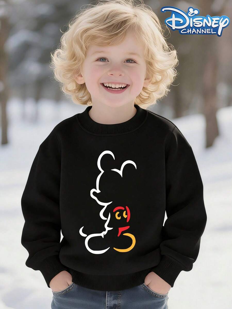 Disney Character Mickey Mouse Patterned Crewneck Casual Sweatshirt For Spring And Autumn, Suitable For Both Boys And Girls, Perfect For Holiday Parties, Gatherings, Outdoor Activities, And Everyday Casual Wear. - màu đen - Xem 1