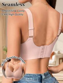 Soutien-gorge sans couture rembourré sans fil à couverture intégrale de couleur unie pour femmes, confortable et doux, avec coussinets amovibles, style de base avec une touche sportive - Rose bonbon - Voir 2