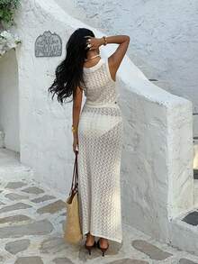 MORI 2026 春夏女装杏色无袖V领系带短款针织上衣和长款针织铅笔裙两件套，浪漫度假风，精致优雅，海滨休闲，柔美女性魅力 - 杏色 - 查看 9