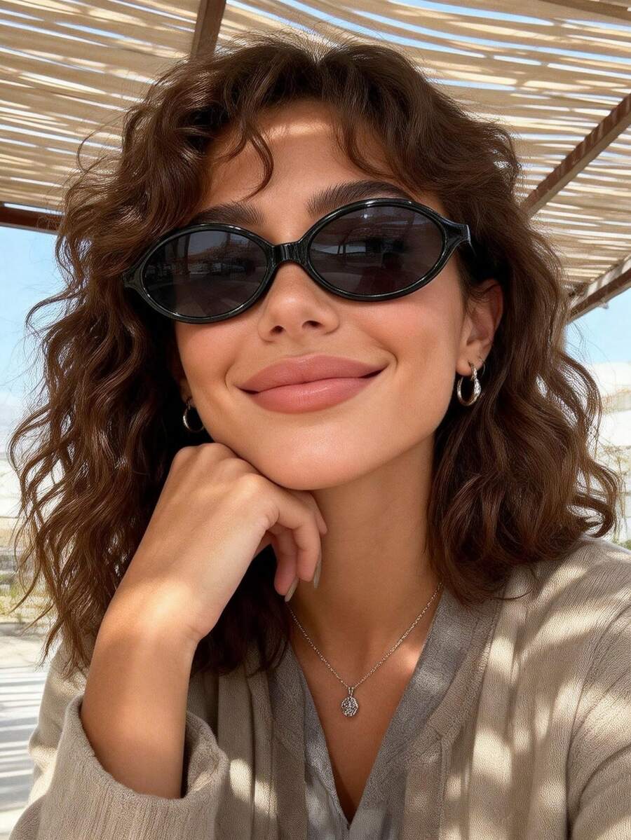 1 Pair Women's Retro Oval Plastic Multi-Color Portable Versatile Minimalist Glasses, Suitable For Travel, Beach, Bar, Outings, And An Ideal Fashion Accessory - 1pc 黑框灰片 - 查看 1
