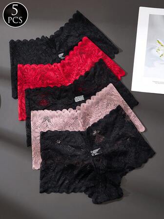 Paquete de 5 bragas sexy de encaje de cintura baja y control de abdomen de varios colores para mujer