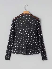 Acelitt Camiseta de manga larga con cuello alto y ajuste ceñido con lunares negros de malla elegante para mujer, casual de primavera para vacaciones - Negro - Ver 4