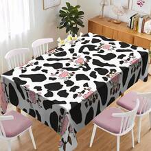 Toalha de mesa retangular de poliéster com estampa de vaca e animais de fazenda, ideal para piqueniques, decoração de festas e itens essenciais para decoração de feriados. - Multicolorido - Ver 4