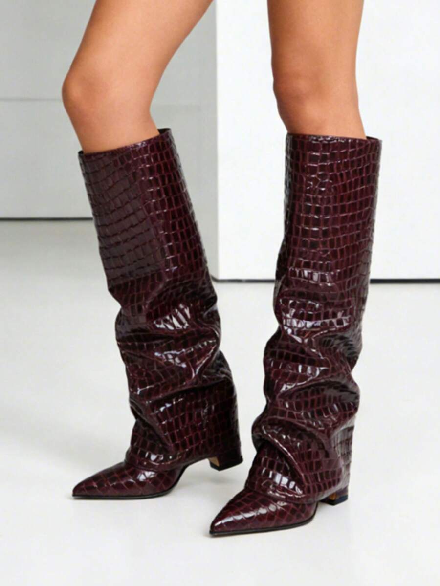 Knee High Fold Over Shark Boots For Women Slouchy Pointed Toe Block Thick High Heels Pull On Fashion Punk Pleated Boots Woman - Red Stone Grain - View 1