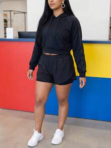 1pc Plus Size Women's Shorts, 2-In-1 Solid Color Lining 2 In 1 Sports Pants, Elastic Waist Two Pieces Set, Suitable For Running, Sports, Yoga, Fitness In Summer Black - Black - View 5