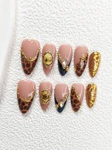 10pcs Gold-Plated Nail Stickers, Black French Fake Nails, Goddess Portrait Frame Accessories, Champagne Diamond Jewelry, Brown Wavy Nail Art, 3 Sizes: Almond, Square, Stiletto, Tools Kit (1pc Jelly Sticker + 1pc Nail File), Suitable For Women And Girls, Autumn/Winter, Party, Daily Wear Nail Supplies - 彩色 - 查看 12
