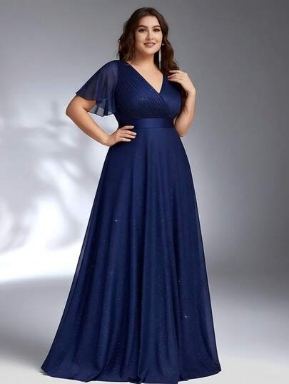 大码女式闪亮褶饰蝴蝶袖伴娘礼服优雅连衣裙