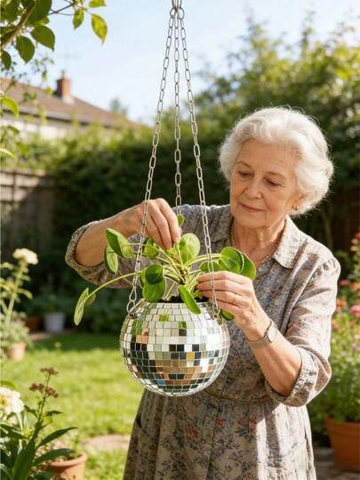 1PC Outdoor Round Glass Flower Pot With Metal Chain And Wooden Ring, Geometric Disco Ball Hanging Mirror,Flower Pot Hanging Basket,Multi-Purpose Storage For Indoor & Outdoor Use,Suitable For Planting And Ornamental Purposes