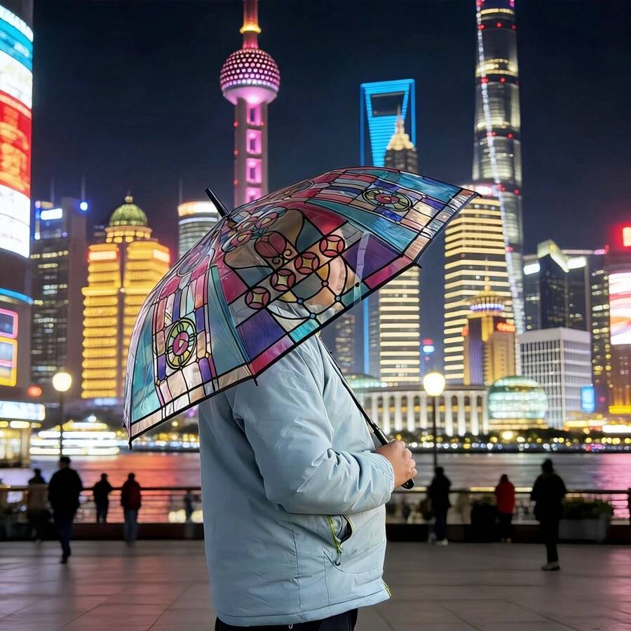 High-Quality Japanese Style Stained Glass Window Floral Transparent Automatic Folding Umbrella For Students - Multicolor - View 1