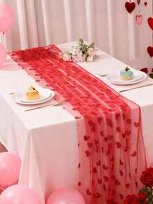 1pc Red Heart-Shaped Mesh Table Runner, Heart Design Wedding Table Decor, Transparent Heart Pattern Party Table Runner, Decorative Fabric Suitable Wedding, Birthday, Anniversary, Bridal Shower, Valentine's Day And Other Occasions - Nhiều màu - Xem 2